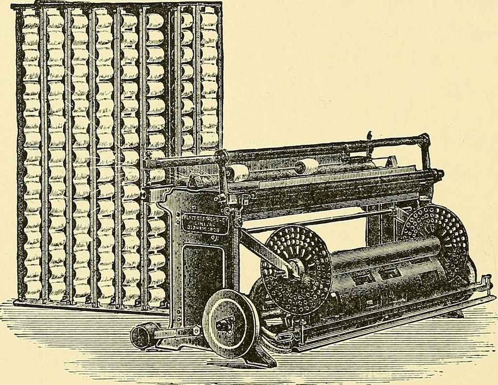 An illustration from The textile industries : a practical guide to fibres, yarns & fabrics in every branch of textile manufacture, including preparation of fibres, spinning, doubling, designing, weaving, bleaching, printing, dyeing and finishing, 1910, leaf 105