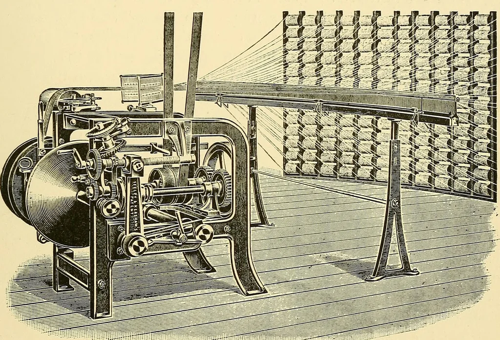 An illustration from The textile industries : a practical guide to fibres, yarns & fabrics in every branch of textile manufacture, including preparation of fibres, spinning, doubling, designing, weaving, bleaching, printing, dyeing and finishing, 1910, leaf 114