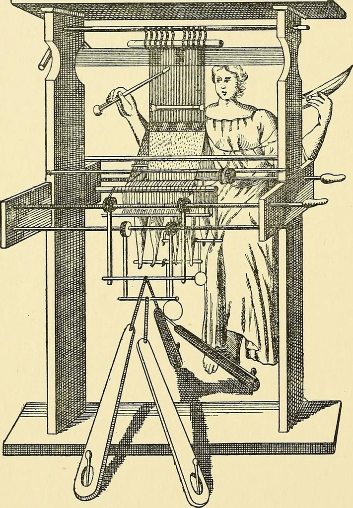 An illustration from The textile industries : a practical guide to fibres, yarns & fabrics in every branch of textile manufacture, including preparation of fibres, spinning, doubling, designing, weaving, bleaching, printing, dyeing and finishing, 1910, leaf 141