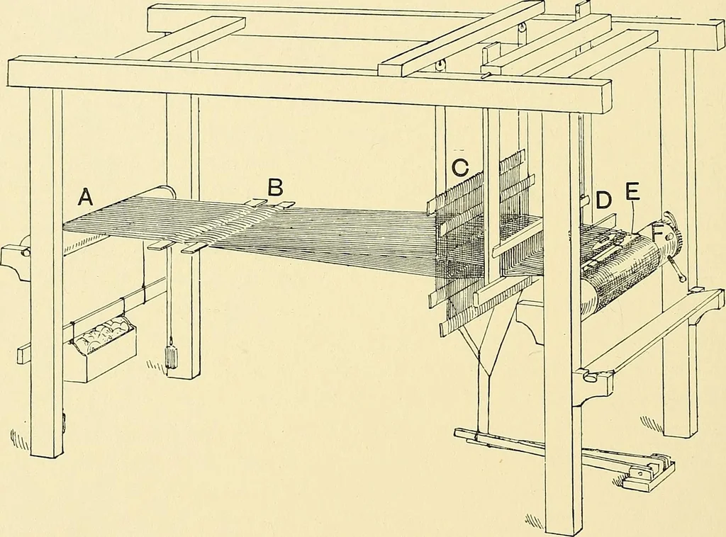An illustration from The textile industries : a practical guide to fibres, yarns & fabrics in every branch of textile manufacture, including preparation of fibres, spinning, doubling, designing, weaving, bleaching, printing, dyeing and finishing, 1910, leaf 145