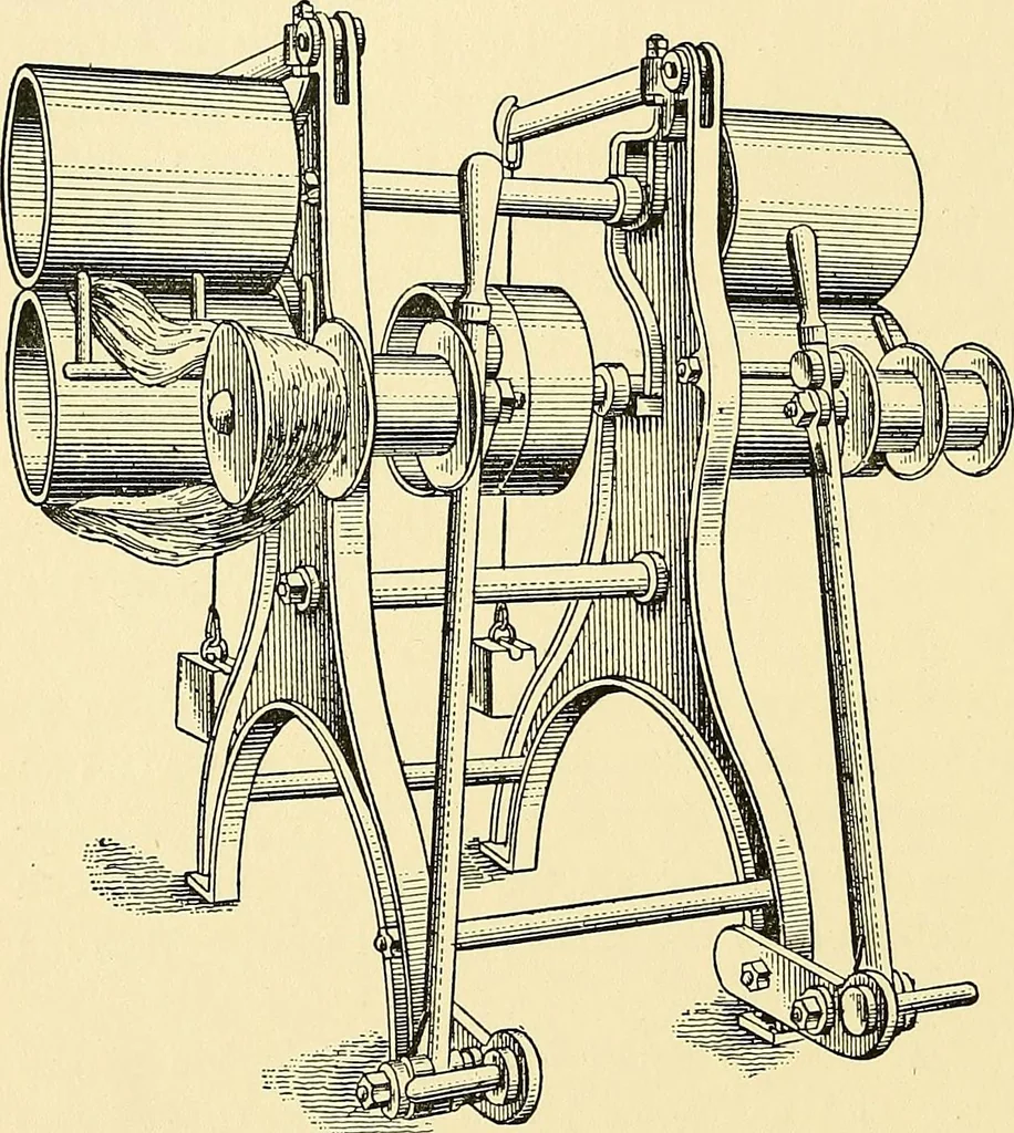 An illustration from The textile industries : a practical guide to fibres, yarns & fabrics in every branch of textile manufacture, including preparation of fibres, spinning, doubling, designing, weaving, bleaching, printing, dyeing and finishing, 1910, leaf 77