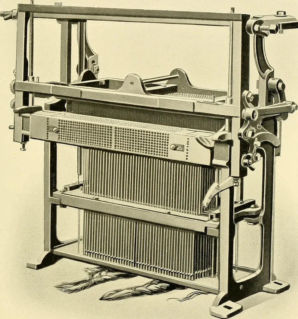 An illustration from The textile industries : a practical guide to fibres, yarns & fabrics in every branch of textile manufacture, including preparation of fibres, spinning, doubling, designing, weaving, bleaching, printing, dyeing and finishing, 1910, leaf 92