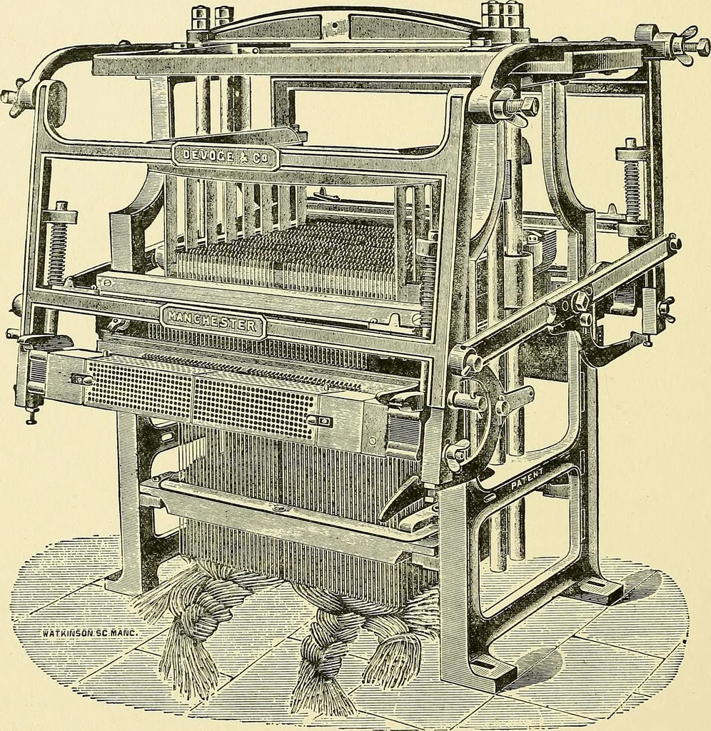 An illustration from The textile industries : a practical guide to fibres, yarns & fabrics in every branch of textile manufacture, including preparation of fibres, spinning, doubling, designing, weaving, bleaching, printing, dyeing and finishing, 1910, leaf 99