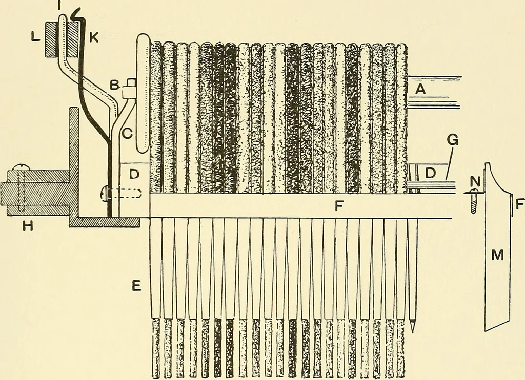 An illustration from The textile industries : a practical guide to fibres, yarns & fabrics in every branch of textile manufacture, including preparation of fibres, spinning, doubling, designing, weaving, bleaching, printing, dyeing and finishing, 1910, leaf 214
