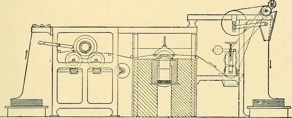 An illustration from The textile industries : a practical guide to fibres, yarns & fabrics in every branch of textile manufacture, including preparation of fibres, spinning, doubling, designing, weaving, bleaching, printing, dyeing and finishing, 1910, leaf 184