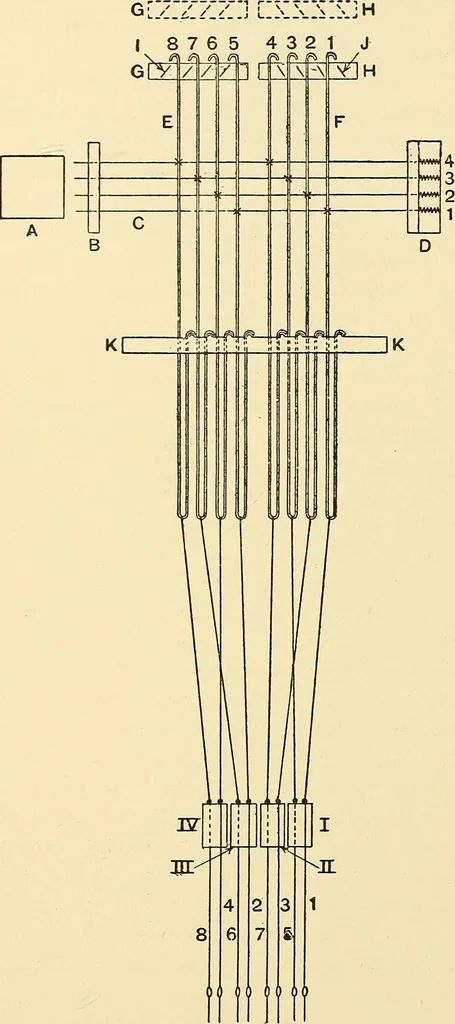 An illustration from The textile industries : a practical guide to fibres, yarns & fabrics in every branch of textile manufacture, including preparation of fibres, spinning, doubling, designing, weaving, bleaching, printing, dyeing and finishing, 1910, leaf 38