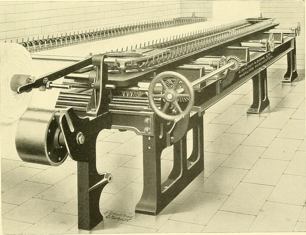 An illustration from The textile industries : a practical guide to fibres, yarns & fabrics in every branch of textile manufacture, including preparation of fibres, spinning, doubling, designing, weaving, bleaching, printing, dyeing and finishing, 1910, leaf 104
