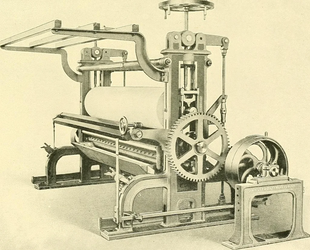 An illustration from The textile industries : a practical guide to fibres, yarns & fabrics in every branch of textile manufacture, including preparation of fibres, spinning, doubling, designing, weaving, bleaching, printing, dyeing and finishing, 1910, leaf 112