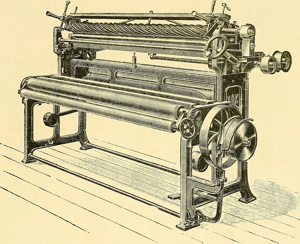 An illustration from The textile industries : a practical guide to fibres, yarns & fabrics in every branch of textile manufacture, including preparation of fibres, spinning, doubling, designing, weaving, bleaching, printing, dyeing and finishing, 1910, leaf 148