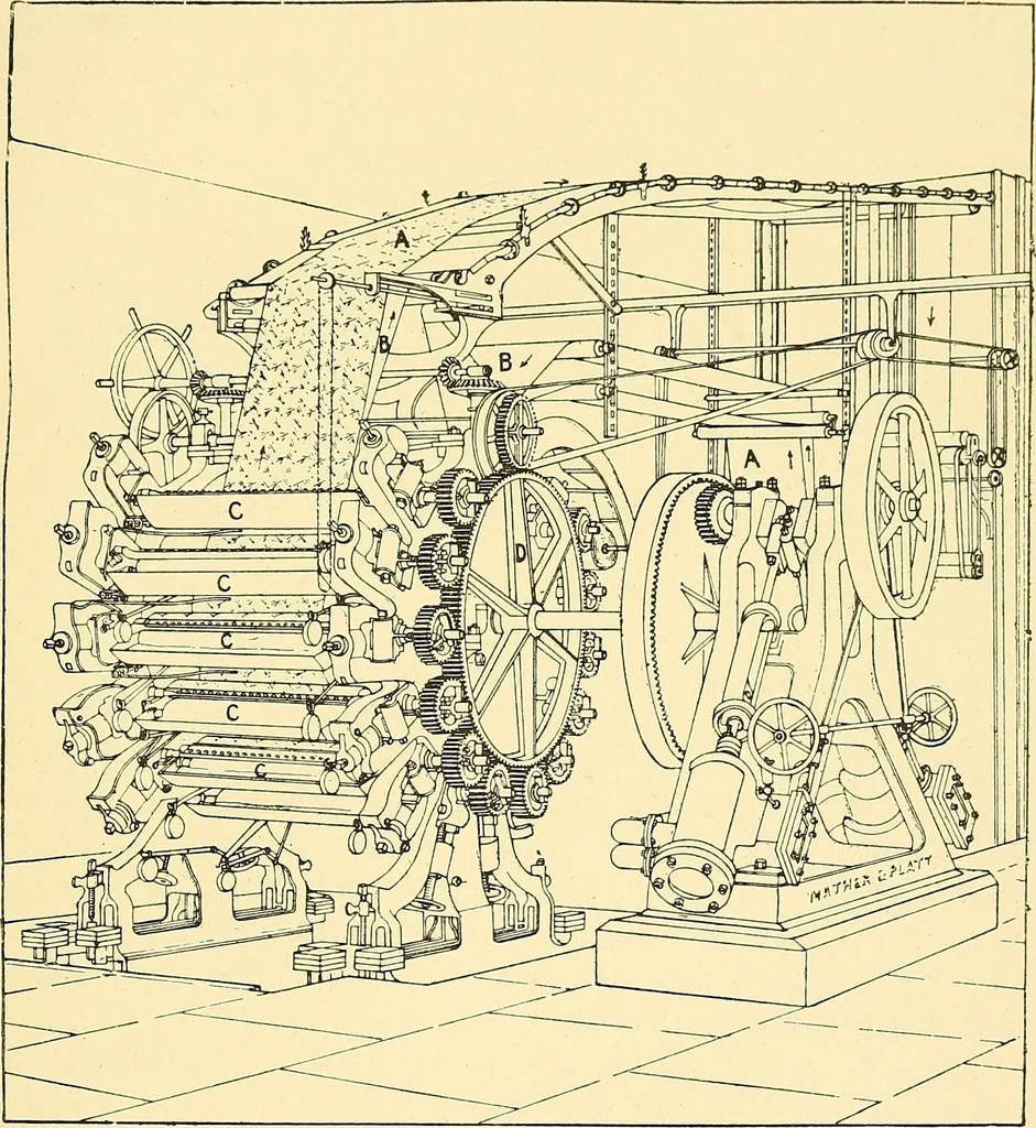 An illustration from The textile industries : a practical guide to fibres, yarns & fabrics in every branch of textile manufacture, including preparation of fibres, spinning, doubling, designing, weaving, bleaching, printing, dyeing and finishing, 1910, leaf 22
