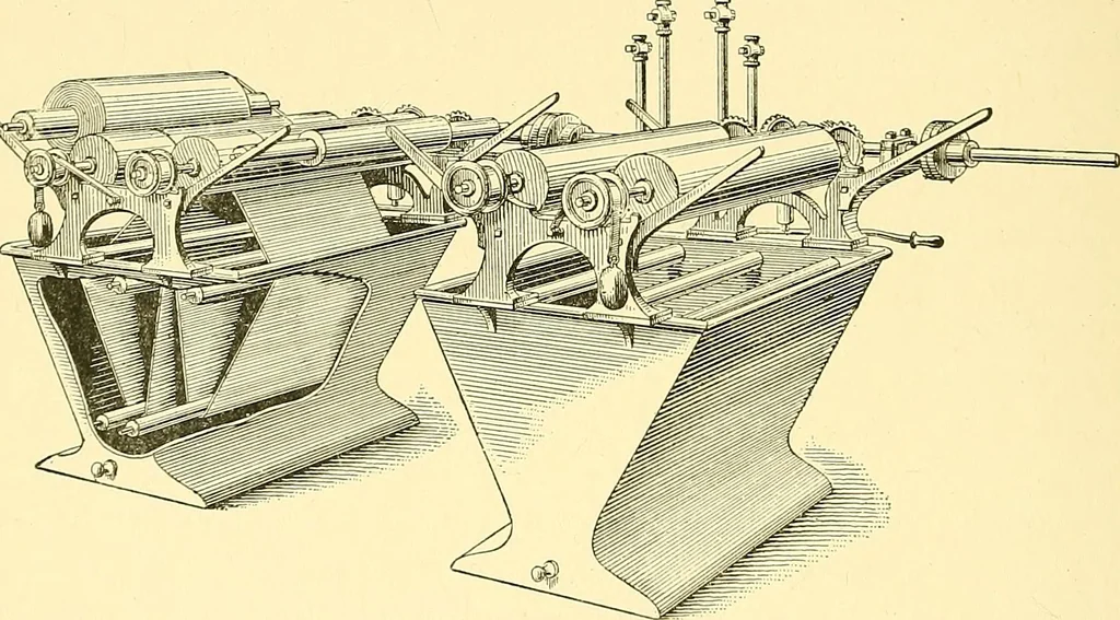 An illustration from The textile industries : a practical guide to fibres, yarns & fabrics in every branch of textile manufacture, including preparation of fibres, spinning, doubling, designing, weaving, bleaching, printing, dyeing and finishing, 1910, leaf 77
