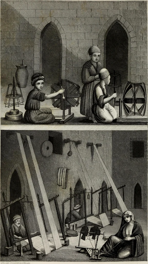 An illustration from The textile manufactures of the ancients : embracing the history of silk, linen, cotton, wool, and other fibrous substances : deduced from Yate's [sic] Textrinum antiquorum, and other authentic sources, 1873, leaf 125