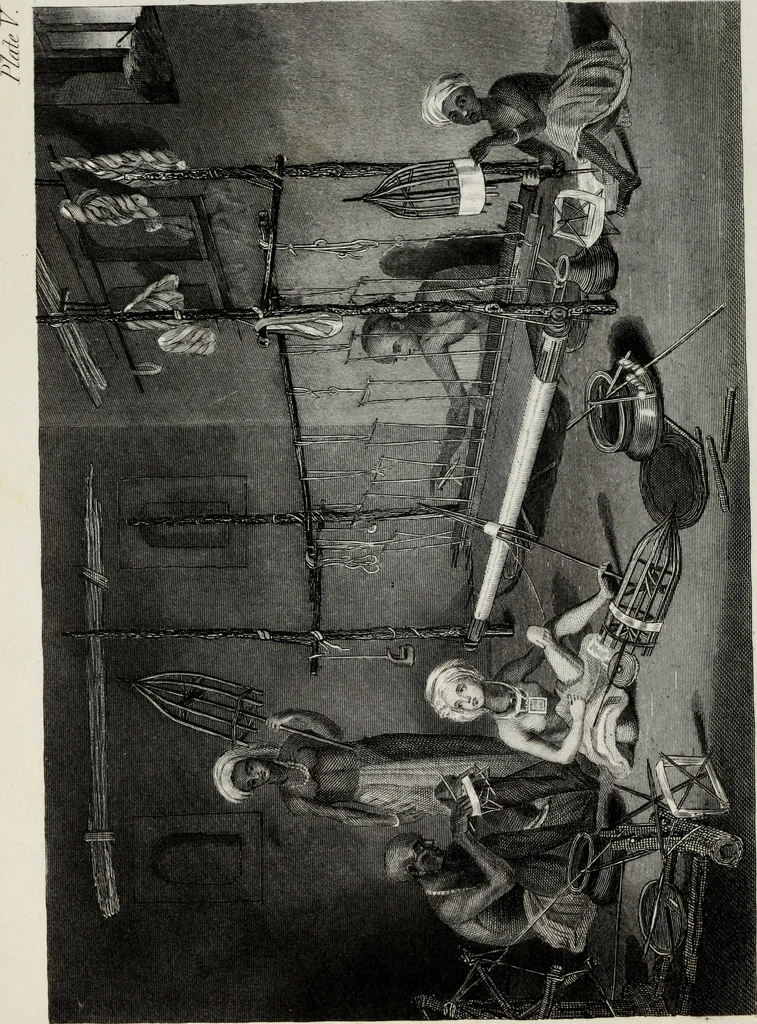 An illustration from The textile manufactures of the ancients : embracing the history of silk, linen, cotton, wool, and other fibrous substances : deduced from Yate's [sic] Textrinum antiquorum, and other authentic sources, 1873, leaf 353