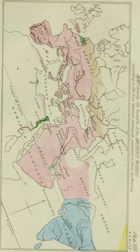 An illustration from The textile manufactures of the ancients : embracing the history of silk, linen, cotton, wool, and other fibrous substances : deduced from Yate's [sic] Textrinum antiquorum, and other authentic sources, 1873, leaf 442