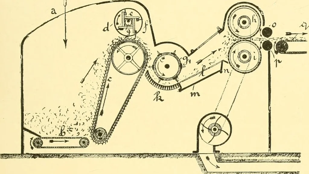 An illustration from Textile raw materials and their conversion into yarns : (the study of the raw materials and the technology of the spinning process) a text-book for textile, trade and higher technical schools, as also for self-instruction ; based upon the ordinary syllabus and curriculum of the Imperial and Royal Austrian weaving schools, 1901, leaf 134