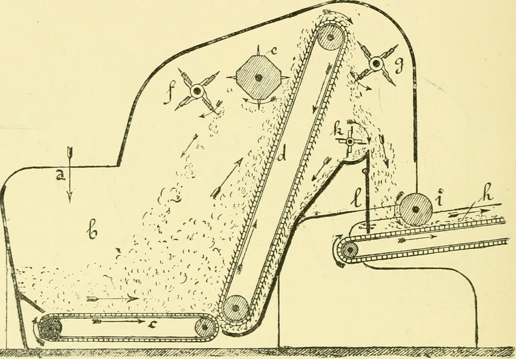 An illustration from Textile raw materials and their conversion into yarns : (the study of the raw materials and the technology of the spinning process) a text-book for textile, trade and higher technical schools, as also for self-instruction ; based upon the ordinary syllabus and curriculum of the Imperial and Royal Austrian weaving schools, 1901, leaf 135