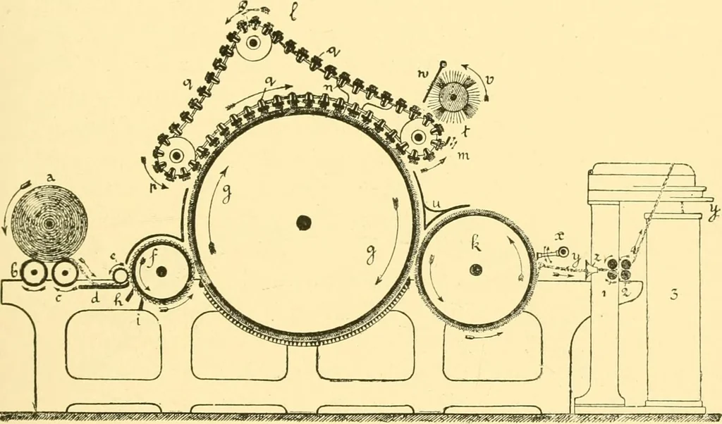 An illustration from Textile raw materials and their conversion into yarns : (the study of the raw materials and the technology of the spinning process) a text-book for textile, trade and higher technical schools, as also for self-instruction ; based upon the ordinary syllabus and curriculum of the Imperial and Royal Austrian weaving schools, 1901, leaf 164