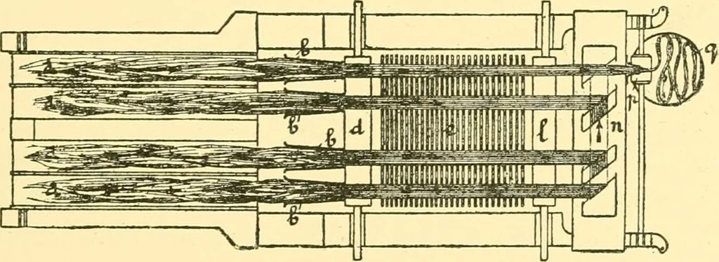 An illustration from Textile raw materials and their conversion into yarns : (the study of the raw materials and the technology of the spinning process) a text-book for textile, trade and higher technical schools, as also for self-instruction ; based upon the ordinary syllabus and curriculum of the Imperial and Royal Austrian weaving schools, 1901, leaf 254