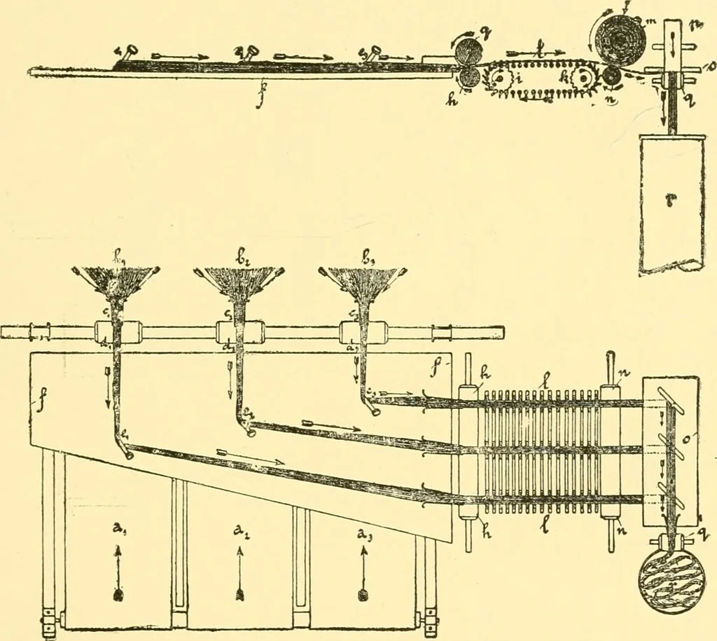 An illustration from Textile raw materials and their conversion into yarns : (the study of the raw materials and the technology of the spinning process) a text-book for textile, trade and higher technical schools, as also for self-instruction ; based upon the ordinary syllabus and curriculum of the Imperial and Royal Austrian weaving schools, 1901, leaf 276