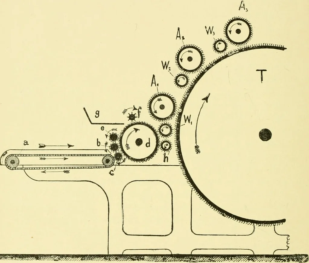 An illustration from Textile raw materials and their conversion into yarns : (the study of the raw materials and the technology of the spinning process) a text-book for textile, trade and higher technical schools, as also for self-instruction ; based upon the ordinary syllabus and curriculum of the Imperial and Royal Austrian weaving schools, 1901, leaf 351