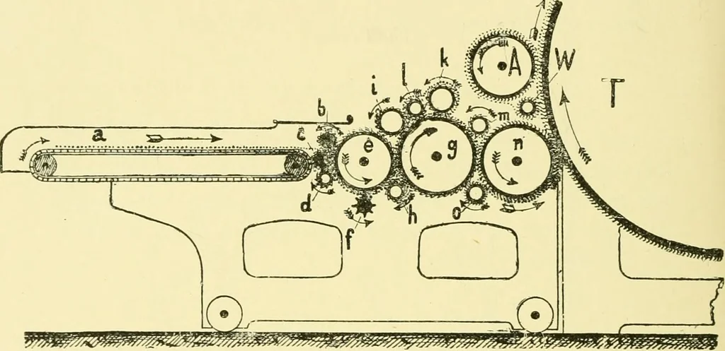 An illustration from Textile raw materials and their conversion into yarns : (the study of the raw materials and the technology of the spinning process) a text-book for textile, trade and higher technical schools, as also for self-instruction ; based upon the ordinary syllabus and curriculum of the Imperial and Royal Austrian weaving schools, 1901, leaf 355