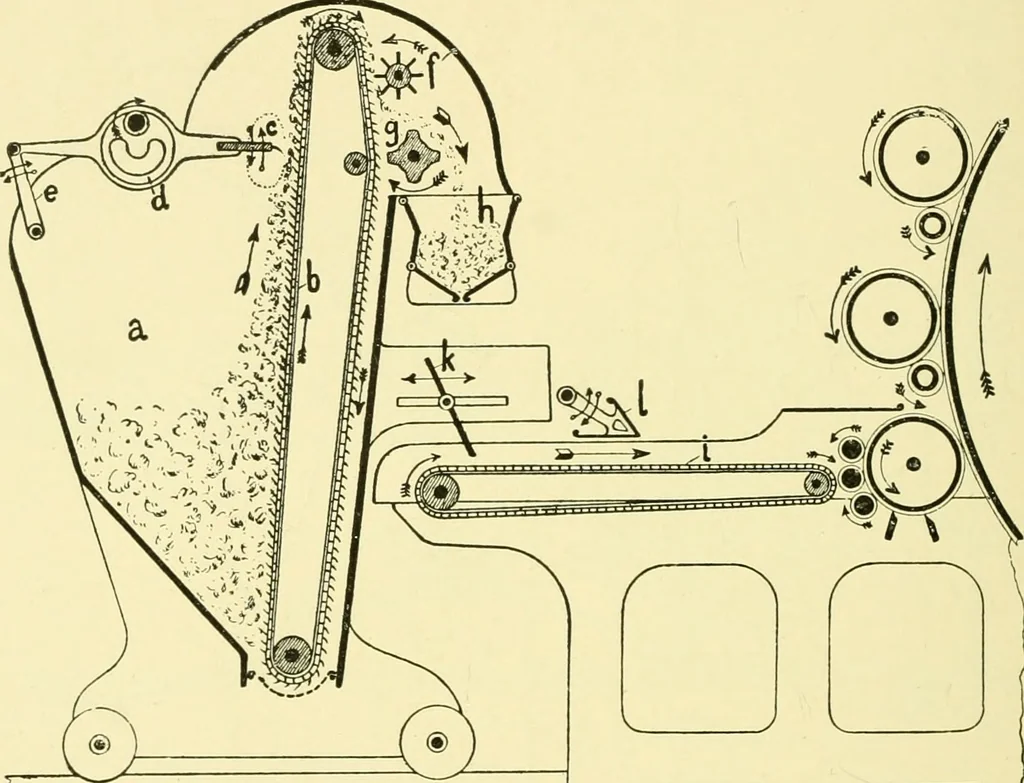 An illustration from Textile raw materials and their conversion into yarns : (the study of the raw materials and the technology of the spinning process) a text-book for textile, trade and higher technical schools, as also for self-instruction ; based upon the ordinary syllabus and curriculum of the Imperial and Royal Austrian weaving schools, 1901, leaf 357