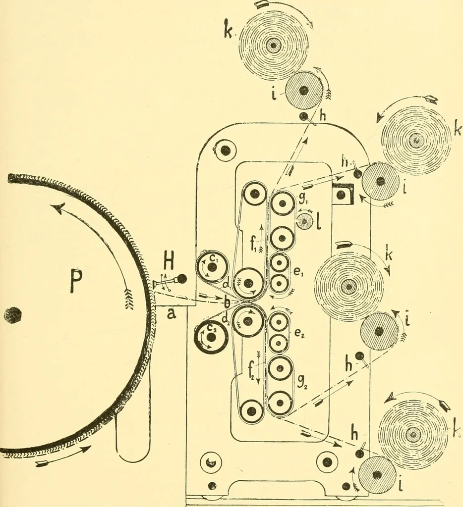An illustration from Textile raw materials and their conversion into yarns : (the study of the raw materials and the technology of the spinning process) a text-book for textile, trade and higher technical schools, as also for self-instruction ; based upon the ordinary syllabus and curriculum of the Imperial and Royal Austrian weaving schools, 1901, leaf 378