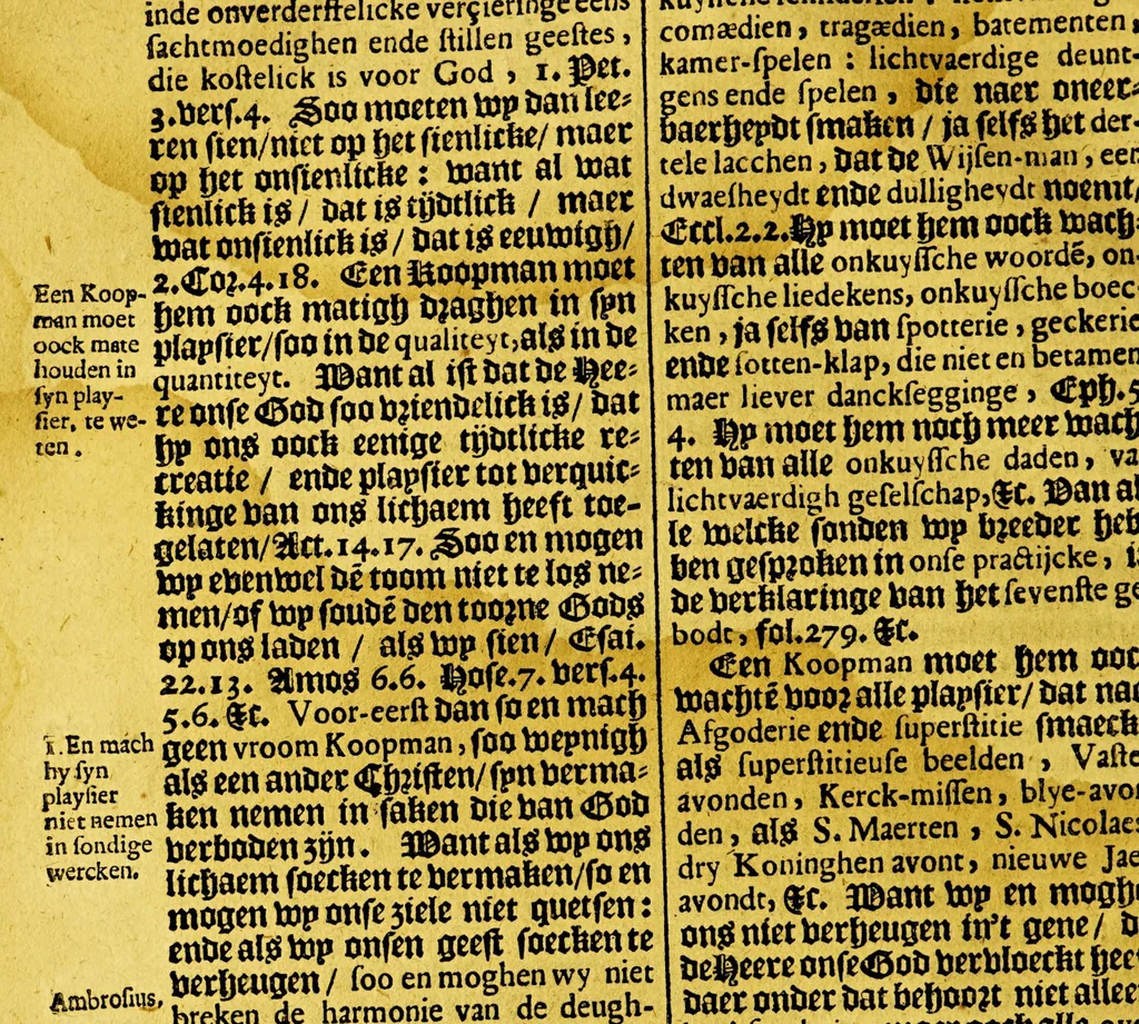 An illustration from 't Geestelyck roer van't coopmans schip, : dat is: trouwbericht, hoe dat een coopman, en coopvaerder, hem selven dragen moet in syne handelinge, in pays, ende in oorloge, voor God, ende de menschen, te water ende te lande, insonderheydt onder de heydenen in Oost ende West-Indien: ter eeren Gods, stichtinge syner gemeynten, ende saligheyt syner zielen: mitsgaders tot het tijtlick welvaren van het vaderlandt, ende syne familie,, 1641, leaf 88