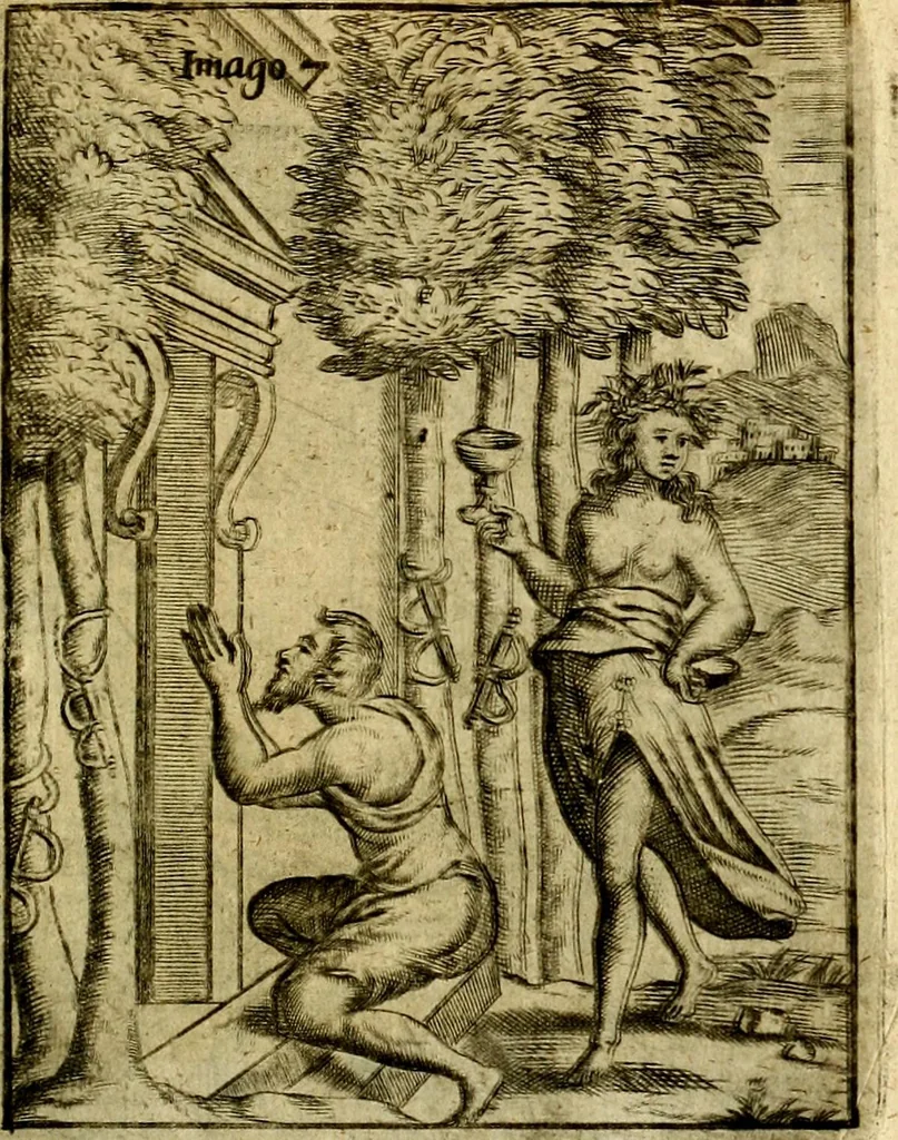An illustration from Theatrum ethnico idololatrieum politico historicum, ethnicorum idololatrias, simulacra, templa, sacrificia & deos, illorum origines, ritus & caeremonias, quae in perficiendis sacris, fuerunt observata, quidque illis indicare voluerint, representans, 1699, leaf 266
