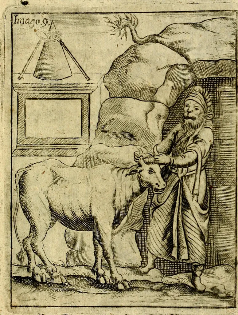 An illustration from Theatrum ethnico idololatrieum politico historicum, ethnicorum idololatrias, simulacra, templa, sacrificia & deos, illorum origines, ritus & caeremonias, quae in perficiendis sacris, fuerunt observata, quidque illis indicare voluerint, representans, 1699, leaf 270