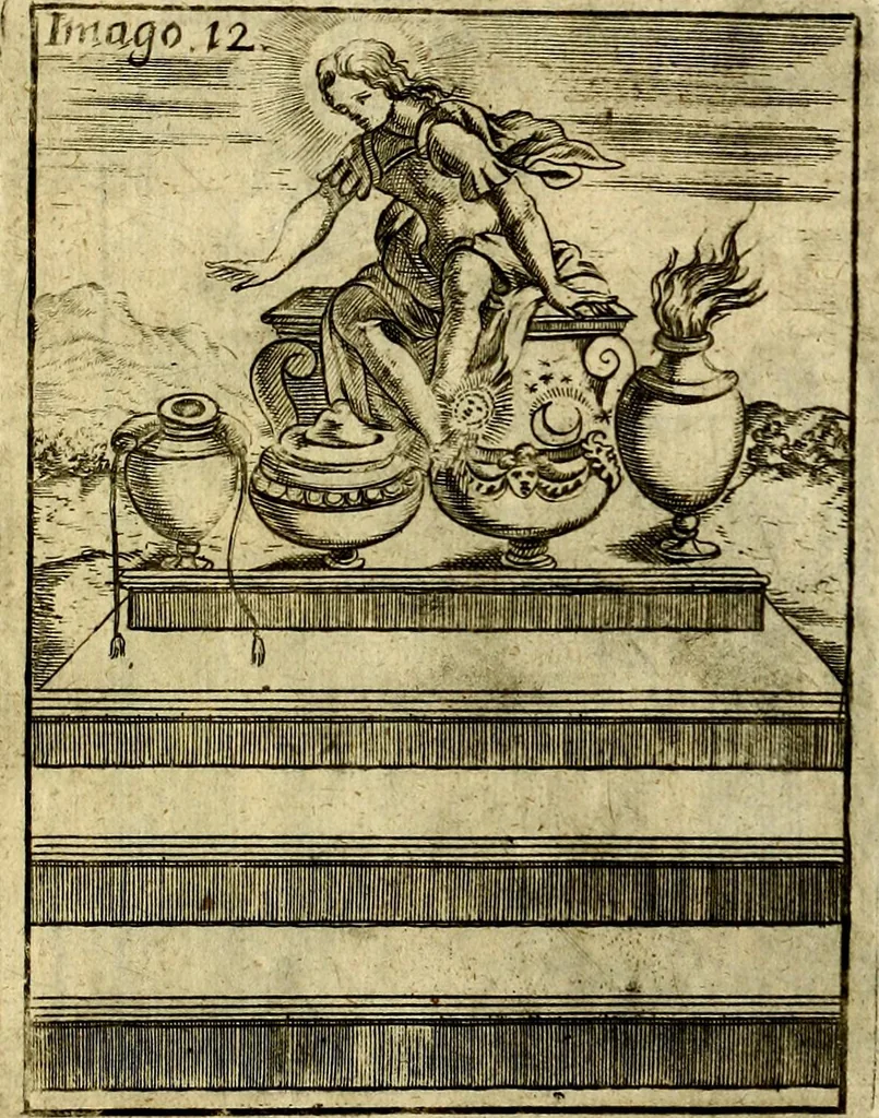 An illustration from Theatrum ethnico idololatrieum politico historicum, ethnicorum idololatrias, simulacra, templa, sacrificia & deos, illorum origines, ritus & caeremonias, quae in perficiendis sacris, fuerunt observata, quidque illis indicare voluerint, representans, 1699, leaf 276
