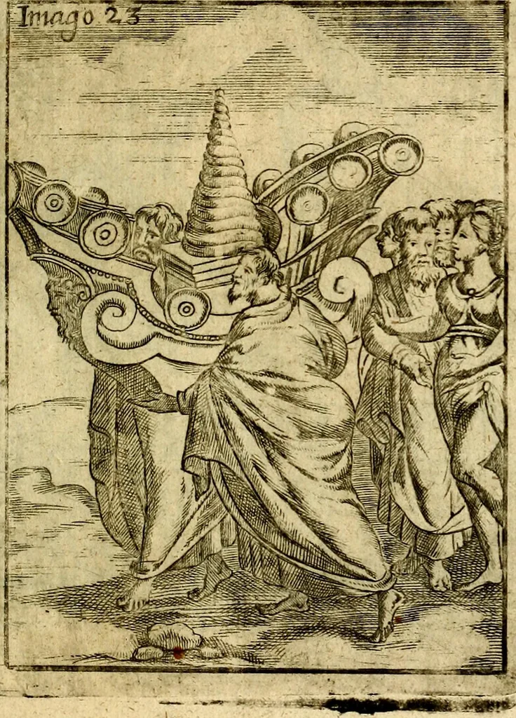 An illustration from Theatrum ethnico idololatrieum politico historicum, ethnicorum idololatrias, simulacra, templa, sacrificia & deos, illorum origines, ritus & caeremonias, quae in perficiendis sacris, fuerunt observata, quidque illis indicare voluerint, representans, 1699, leaf 296