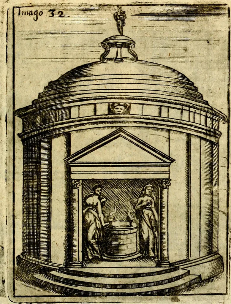 An illustration from Theatrum ethnico idololatrieum politico historicum, ethnicorum idololatrias, simulacra, templa, sacrificia & deos, illorum origines, ritus & caeremonias, quae in perficiendis sacris, fuerunt observata, quidque illis indicare voluerint, representans, 1699, leaf 314