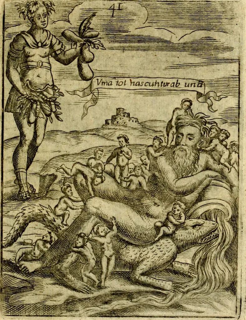 An illustration from Theatrum ethnico idololatrieum politico historicum, ethnicorum idololatrias, simulacra, templa, sacrificia & deos, illorum origines, ritus & caeremonias, quae in perficiendis sacris, fuerunt observata, quidque illis indicare voluerint, representans, 1699, leaf 332