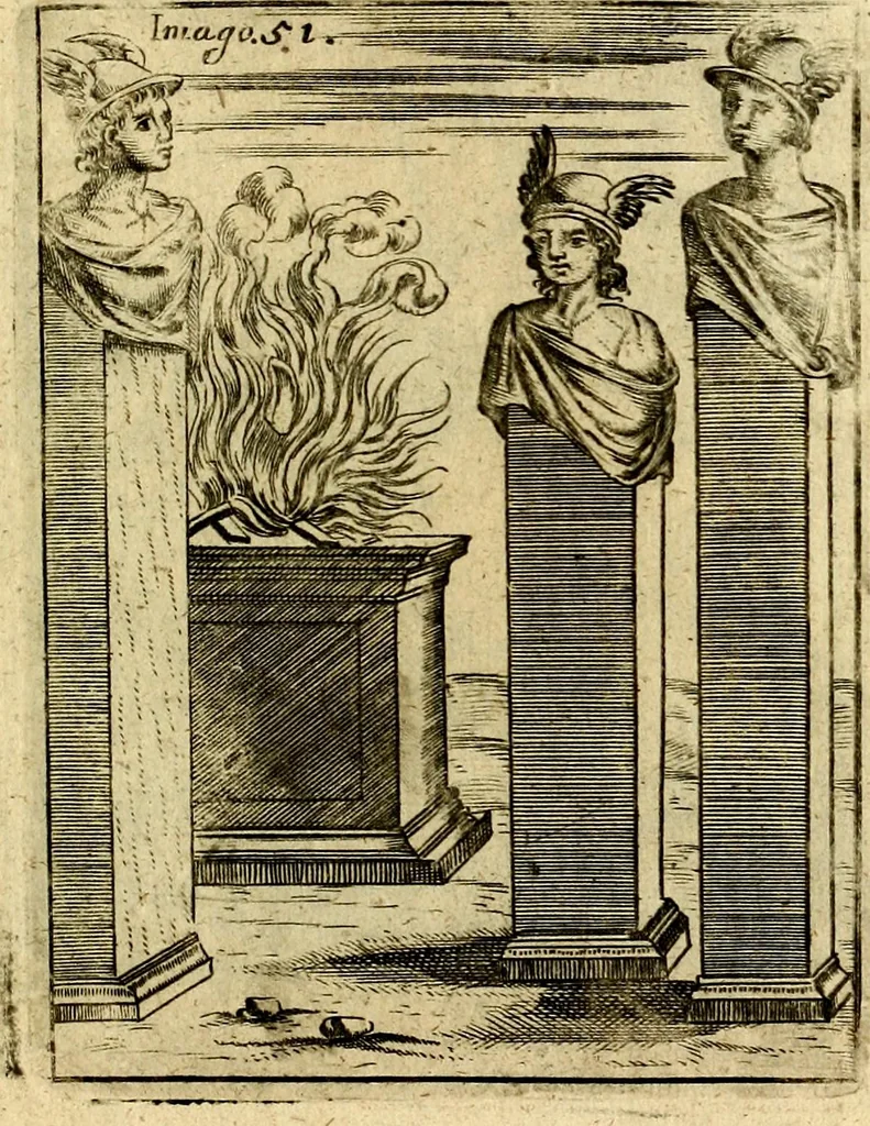 An illustration from Theatrum ethnico idololatrieum politico historicum, ethnicorum idololatrias, simulacra, templa, sacrificia & deos, illorum origines, ritus & caeremonias, quae in perficiendis sacris, fuerunt observata, quidque illis indicare voluerint, representans, 1699, leaf 352