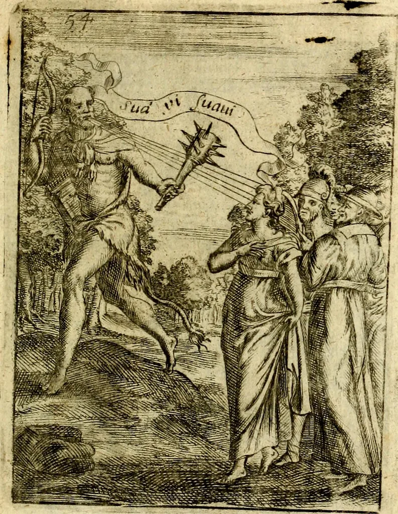 An illustration from Theatrum ethnico idololatrieum politico historicum, ethnicorum idololatrias, simulacra, templa, sacrificia & deos, illorum origines, ritus & caeremonias, quae in perficiendis sacris, fuerunt observata, quidque illis indicare voluerint, representans, 1699, leaf 358