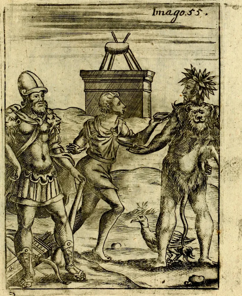 An illustration from Theatrum ethnico idololatrieum politico historicum, ethnicorum idololatrias, simulacra, templa, sacrificia & deos, illorum origines, ritus & caeremonias, quae in perficiendis sacris, fuerunt observata, quidque illis indicare voluerint, representans, 1699, leaf 360