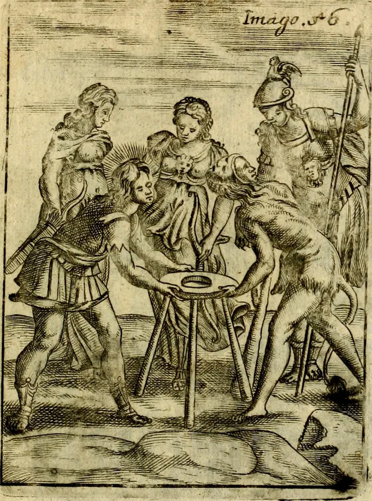 An illustration from Theatrum ethnico idololatrieum politico historicum, ethnicorum idololatrias, simulacra, templa, sacrificia & deos, illorum origines, ritus & caeremonias, quae in perficiendis sacris, fuerunt observata, quidque illis indicare voluerint, representans, 1699, leaf 362