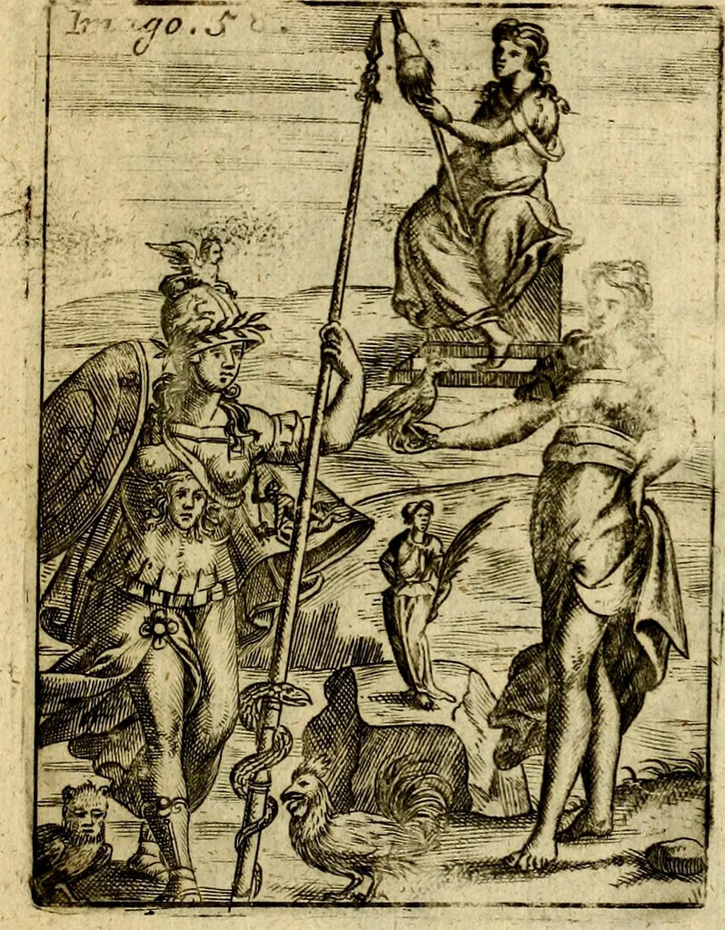 An illustration from Theatrum ethnico idololatrieum politico historicum, ethnicorum idololatrias, simulacra, templa, sacrificia & deos, illorum origines, ritus & caeremonias, quae in perficiendis sacris, fuerunt observata, quidque illis indicare voluerint, representans, 1699, leaf 366