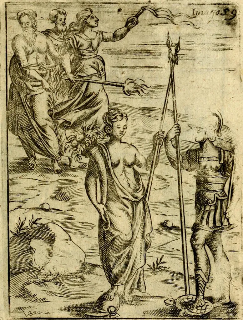 An illustration from Theatrum ethnico idololatrieum politico historicum, ethnicorum idololatrias, simulacra, templa, sacrificia & deos, illorum origines, ritus & caeremonias, quae in perficiendis sacris, fuerunt observata, quidque illis indicare voluerint, representans, 1699, leaf 368