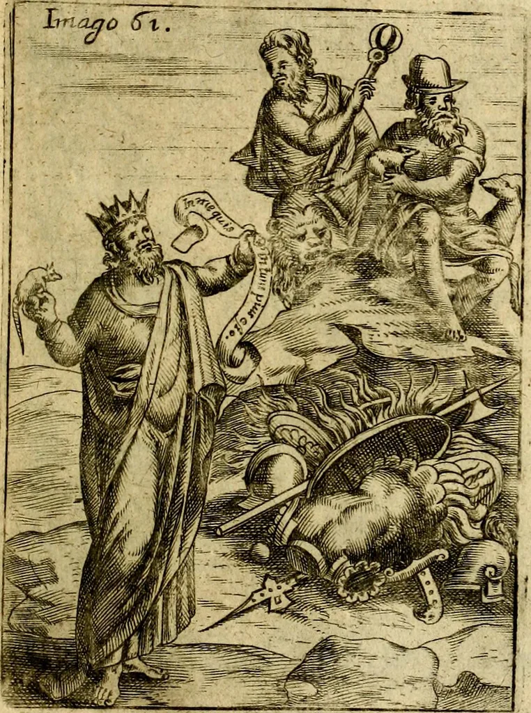 An illustration from Theatrum ethnico idololatrieum politico historicum, ethnicorum idololatrias, simulacra, templa, sacrificia & deos, illorum origines, ritus & caeremonias, quae in perficiendis sacris, fuerunt observata, quidque illis indicare voluerint, representans, 1699, leaf 372