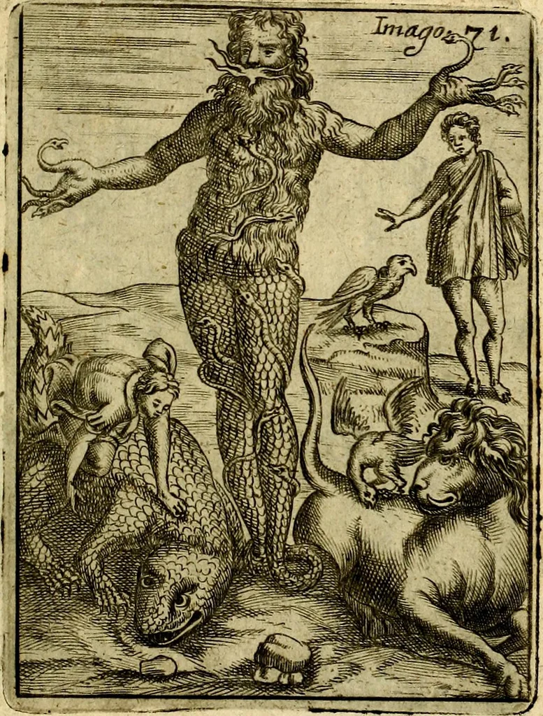 An illustration from Theatrum ethnico idololatrieum politico historicum, ethnicorum idololatrias, simulacra, templa, sacrificia & deos, illorum origines, ritus & caeremonias, quae in perficiendis sacris, fuerunt observata, quidque illis indicare voluerint, representans, 1699, leaf 392