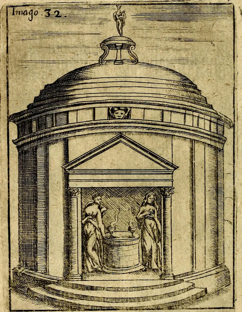 An illustration from Theatrum ethnico idololatrieum politico historicum, ethnicorum idololatrias, simulacra, templa, sacrificia & deos, illorum origines, ritus & caeremonias, quae in perficiendis sacris, fuerunt observata, quidque illis indicare voluerint, representans, 1699, leaf 287