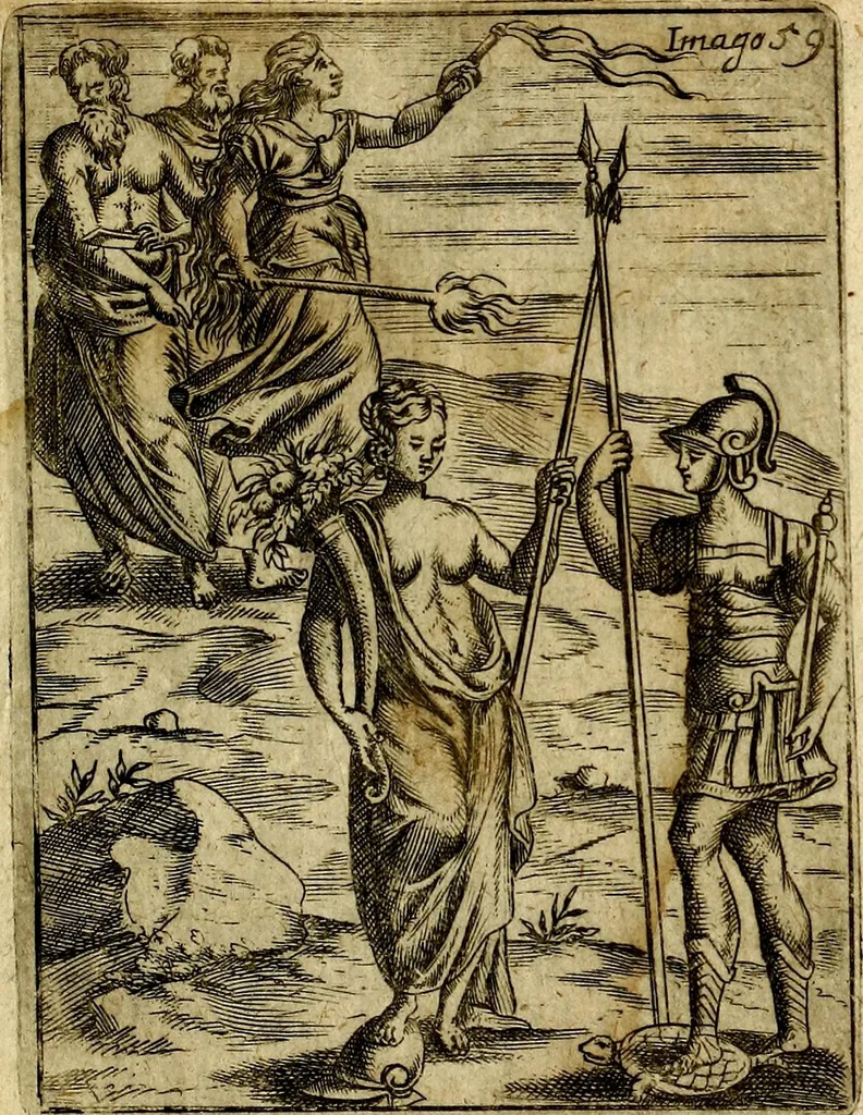 An illustration from Theatrum ethnico idololatrieum politico historicum, ethnicorum idololatrias, simulacra, templa, sacrificia & deos, illorum origines, ritus & caeremonias, quae in perficiendis sacris, fuerunt observata, quidque illis indicare voluerint, representans, 1699, leaf 310