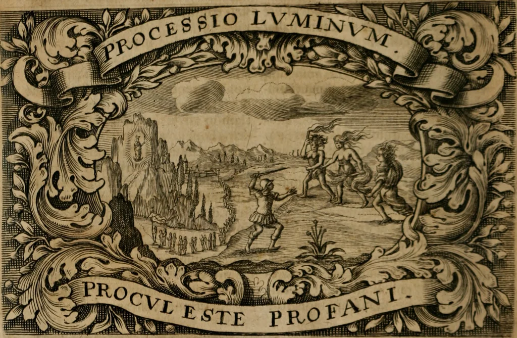 An illustration from Theatrum gloriae sanctorum, 1696, leaf 57