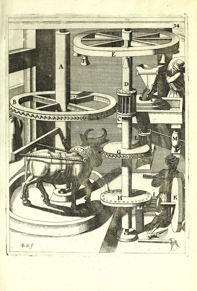 An illustration from Theatrum machinarum novum, das ist, Neu-vermehrter Schauplatz der mechanischen Künsten : handelt von allerhand Wasser- Wind- Ross- Gewicht- und Hand-Mühlen ... ; beneben nützlichen Wasser-Künsten ..., 1673, leaf 127
