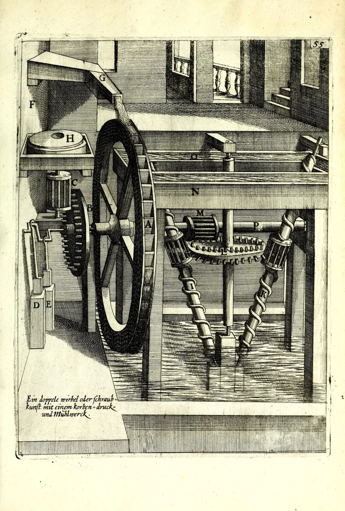 An illustration from Theatrum machinarum novum, das ist, Neu-vermehrter Schauplatz der mechanischen Künsten : handelt von allerhand Wasser- Wind- Ross- Gewicht- und Hand-Mühlen ... ; beneben nützlichen Wasser-Künsten ..., 1673, leaf 169