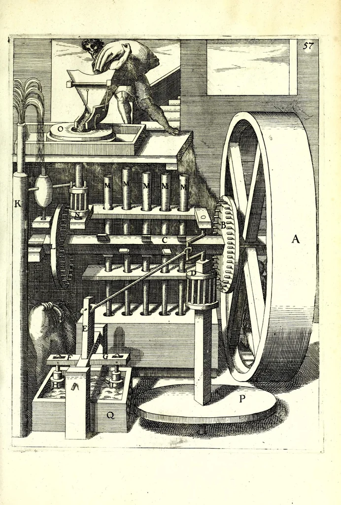An illustration from Theatrum machinarum novum, das ist, Neu-vermehrter Schauplatz der mechanischen Künsten : handelt von allerhand Wasser- Wind- Ross- Gewicht- und Hand-Mühlen ... ; beneben nützlichen Wasser-Künsten ..., 1673, leaf 173
