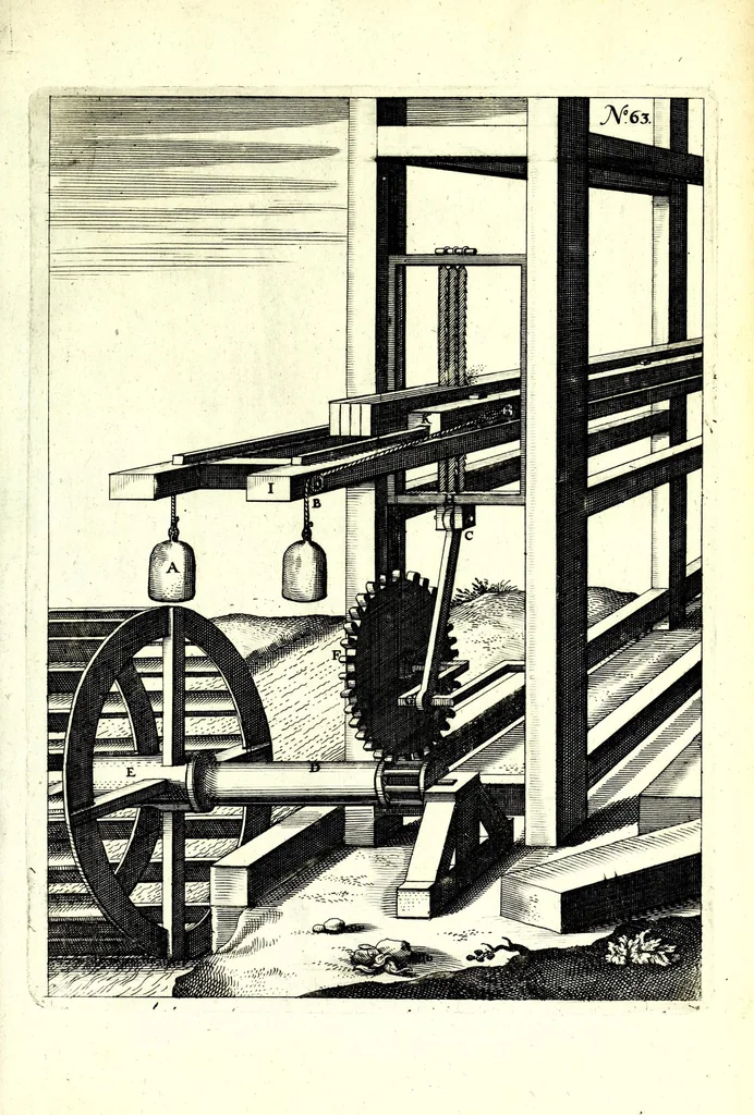An illustration from Theatrum machinarum novum, das ist, Neu-vermehrter Schauplatz der mechanischen Künsten : handelt von allerhand Wasser- Wind- Ross- Gewicht- und Hand-Mühlen ... ; beneben nützlichen Wasser-Künsten ..., 1673, leaf 185