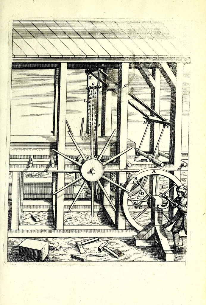 An illustration from Theatrum machinarum novum, das ist, Neu-vermehrter Schauplatz der mechanischen Künsten : handelt von allerhand Wasser- Wind- Ross- Gewicht- und Hand-Mühlen ... ; beneben nützlichen Wasser-Künsten ..., 1673, leaf 193